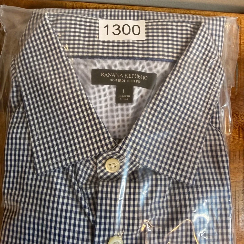 Banana Republic Non-Iron Slim Fit Shirt Mens L Blue White Gingham Button Down